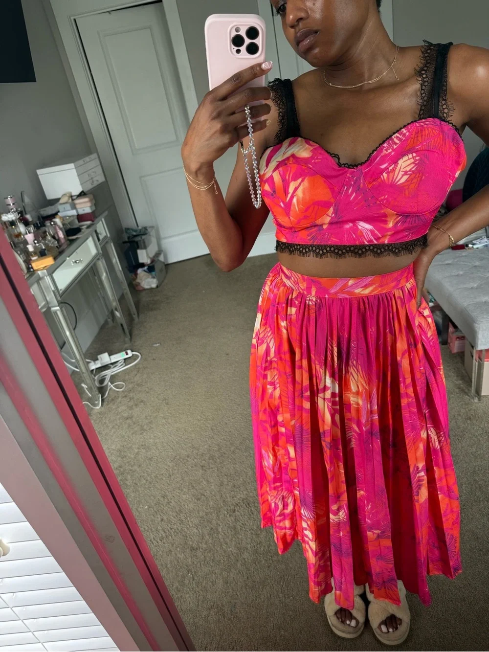 Bright Pink Tropical Print Pleated Midi Skirt and Matching Crop Top Set